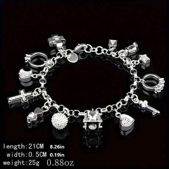 Silver Multi Charm Link Bracelet Adjustable Pendant Heart Ring Cross Star Key - Picture 4 of 6